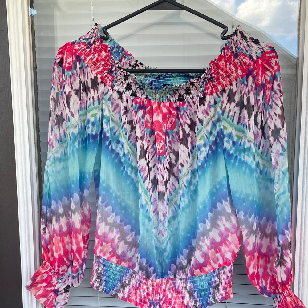 Bebe Smocked Off-Shoulder Multicolor Tie-Dye Blouse-S